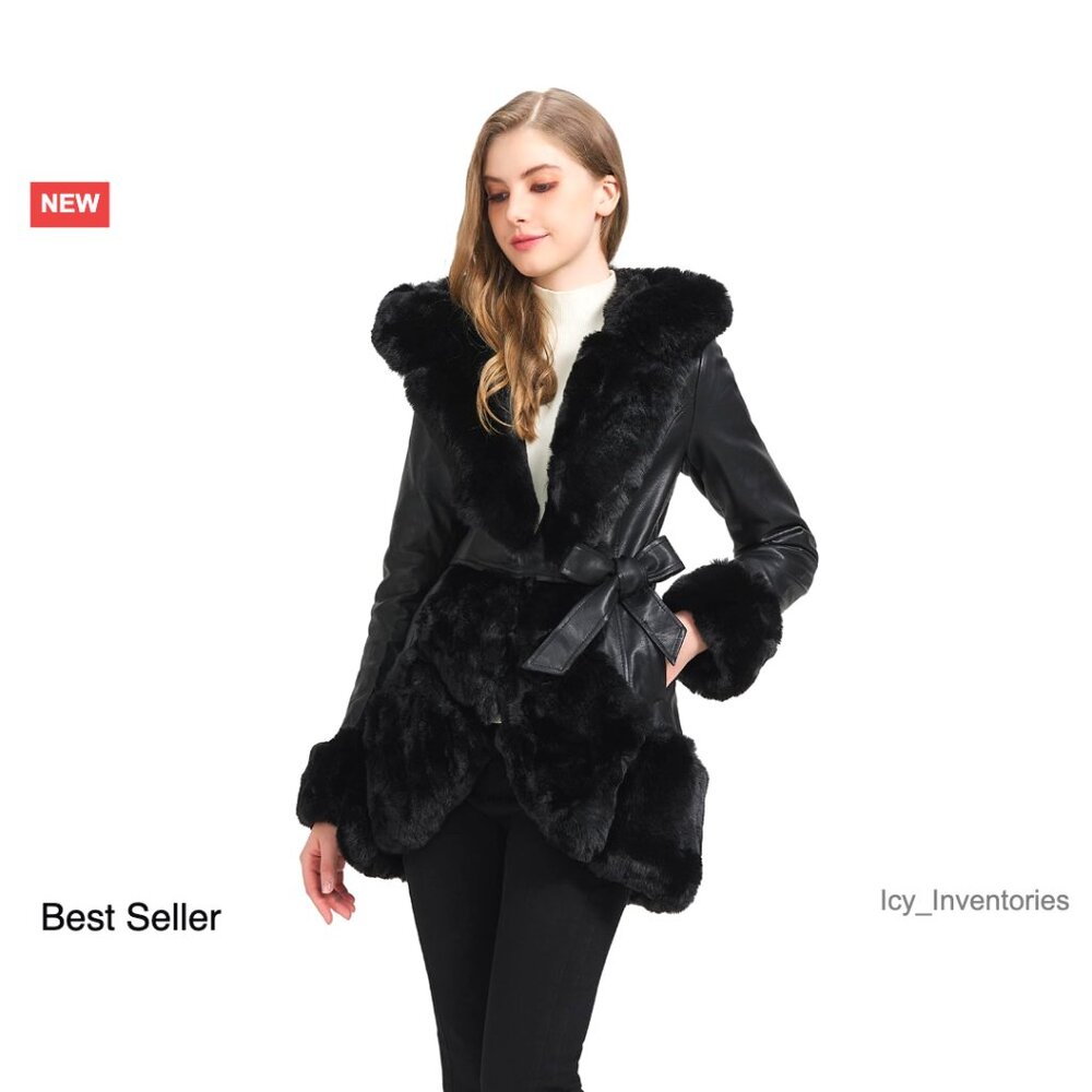 Faux Fur Leather Collar Jacket Long Sleeve Coat Belted Chic Winter Warm